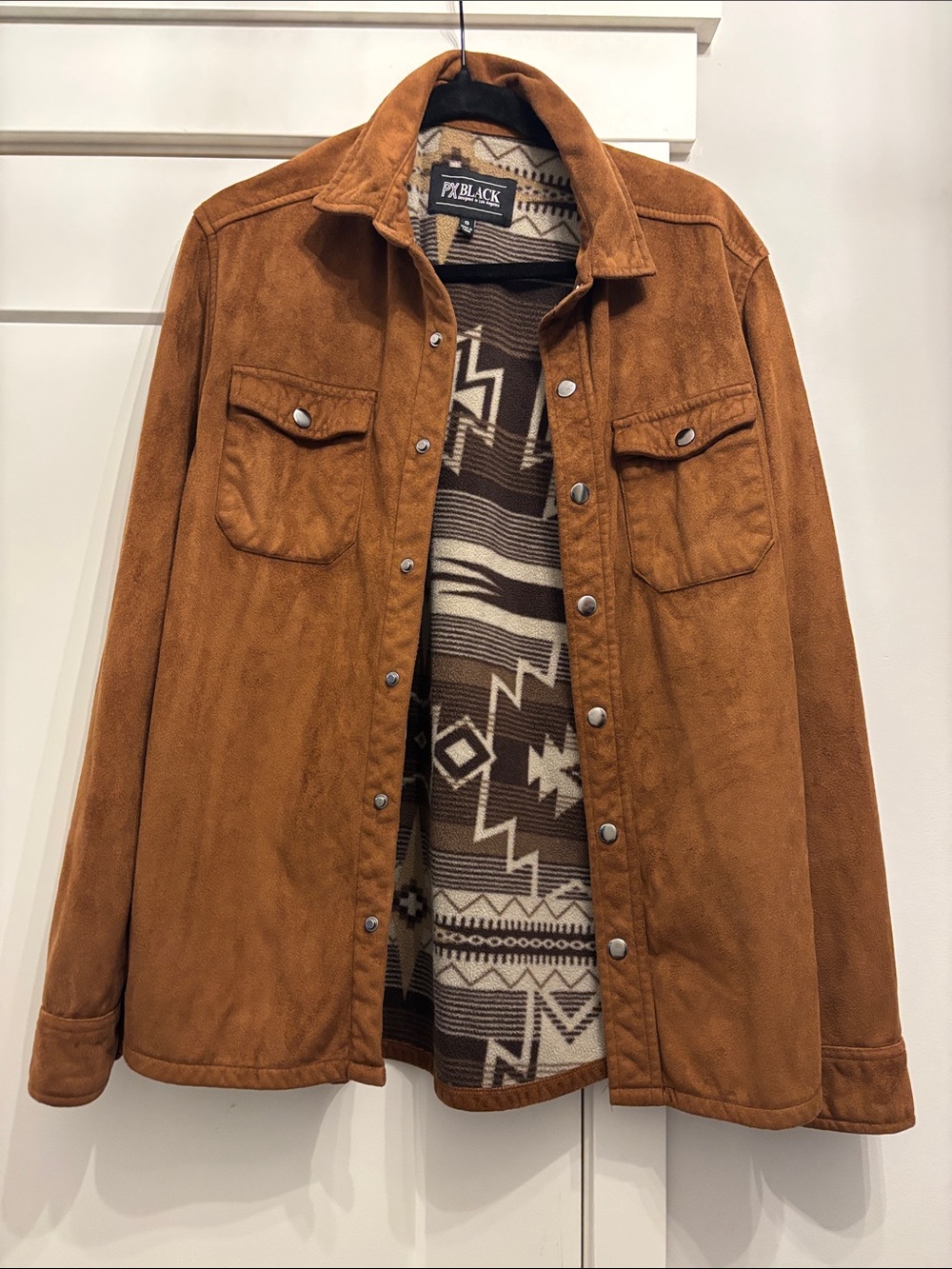 Black Men's Brown Suede-Look Snap Shirt Jacket